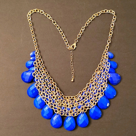 NEW Royal Blue Statement Necklace, Gold-tone Chain, Crystal Accents - Picture 6 of 7